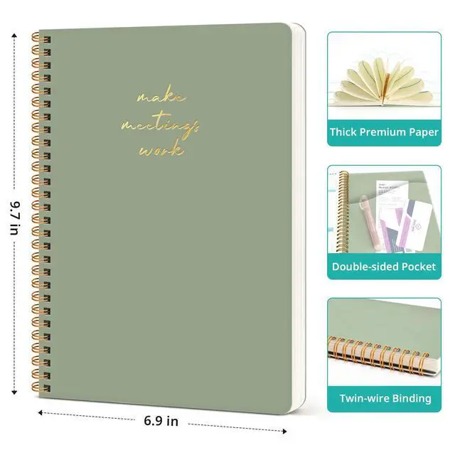 Alt view image 6 of 7 - Meeting Notebook for Work Organization - Work notebook with action items, Meeting Minutes Planner Notebook, Perfect Office Supplies for Men & Women - Green