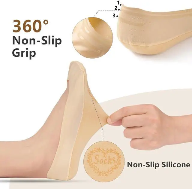 Alt view image 2 of 7 - No Show Socks Womens, Non Slip Ultra Low Cut 6 Pairs Thin Silky Footies Cotton Sole Invisible Socks Flats Loafers (5,9 Black*3/Nude*3)