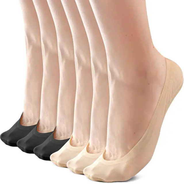 Main image of No Show Socks Womens, Non Slip Ultra Low Cut 6 Pairs Thin Silky Footies Cotton Sole Invisible Socks Flats Loafers (5,9 Black*3/Nude*3)