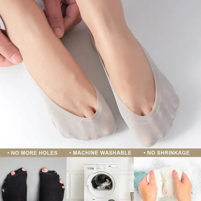 Alt view image 7 of 7 - No Show Socks Womens, Non Slip Ultra Low Cut 6 Pairs Thin Silky Footies Cotton Sole Invisible Socks Flats Loafers (5,9 Black*3/Nude*3)