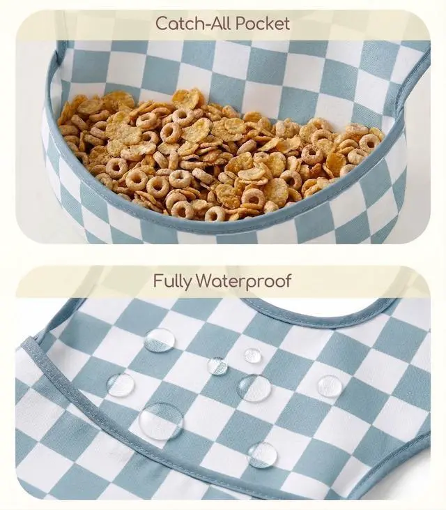 Alt view image 4 of 7 - 3-Pack Waterproof Baby Bibs for Eating - Mess Proof Lightweight Toddler Feeding Bibs with Large Food Catcher, Food-Grade Baby Eating Essentials, Easy to Put On & Clean(Black Cherkerd)