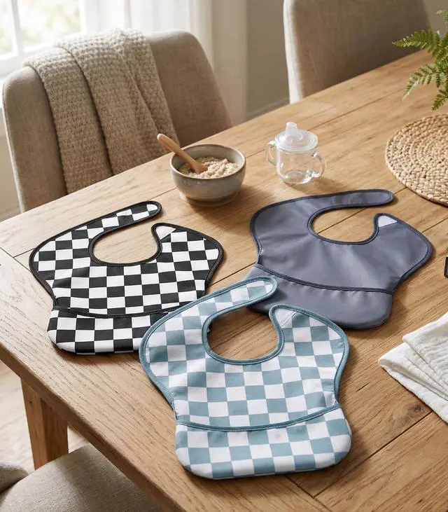 Alt view image 7 of 7 - 3-Pack Waterproof Baby Bibs for Eating - Mess Proof Lightweight Toddler Feeding Bibs with Large Food Catcher, Food-Grade Baby Eating Essentials, Easy to Put On & Clean(Black Cherkerd)