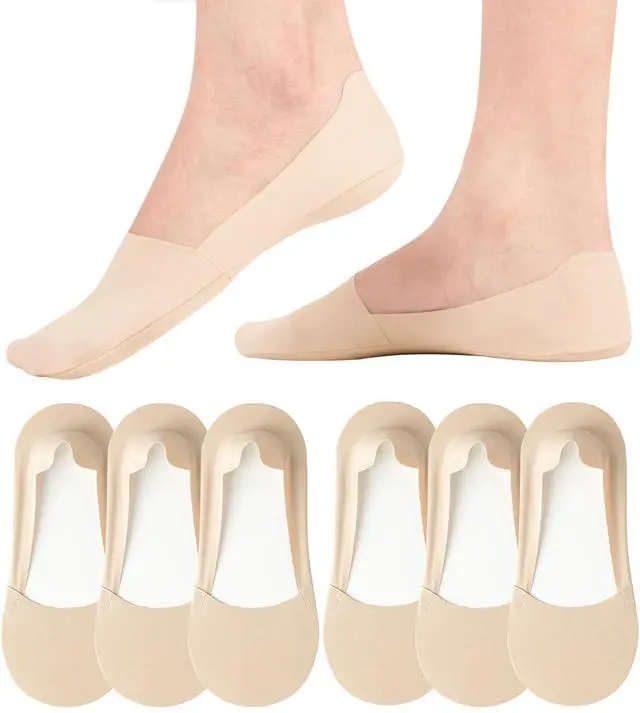 Main image of No Show Socks Womens Nylon Non Slip Low Cut Invisible Liner Footies Thin Silk Socks for Flats Loafers Lightweight 6 Pairs Nude Size 9-12