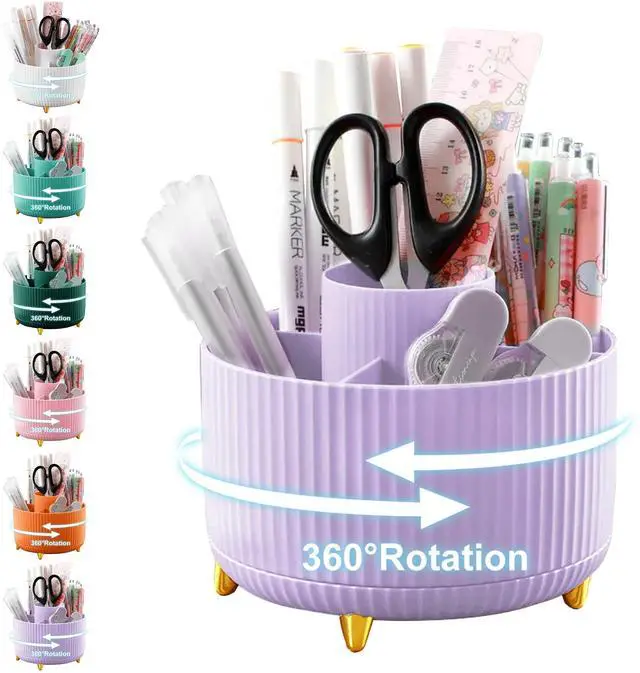 Main image of Pencil Holder For Desk,5 Slots 360°Degree Rotating Desk Organizers And Accessories,Desktop Storage Stationery Supplies Organizer, Cute Pencil Cup Pot For Office, School, Home (I-Purple)