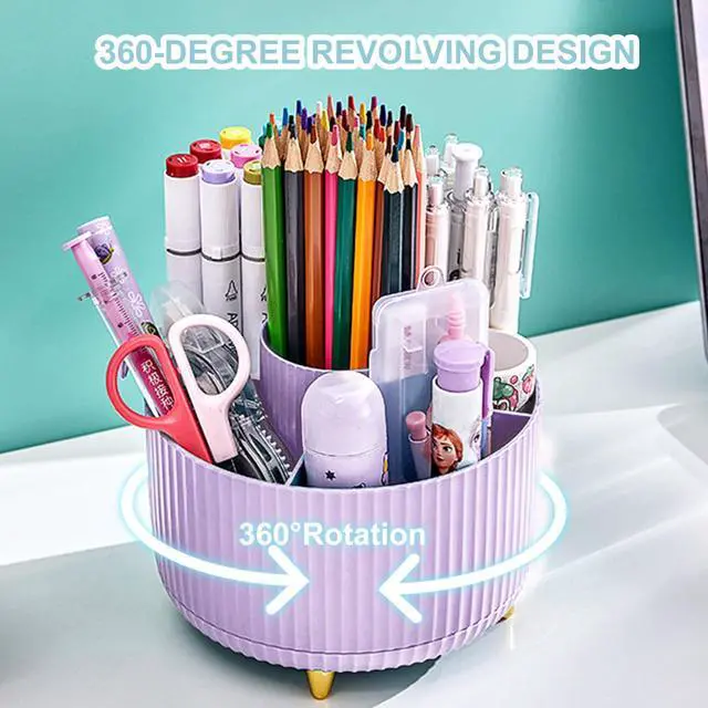 Alt view image 3 of 7 - Pencil Holder For Desk,5 Slots 360°Degree Rotating Desk Organizers And Accessories,Desktop Storage Stationery Supplies Organizer, Cute Pencil Cup Pot For Office, School, Home (I-Purple)