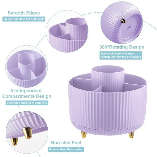 Alt view image 5 of 7 - Pencil Holder For Desk,5 Slots 360°Degree Rotating Desk Organizers And Accessories,Desktop Storage Stationery Supplies Organizer, Cute Pencil Cup Pot For Office, School, Home (I-Purple)