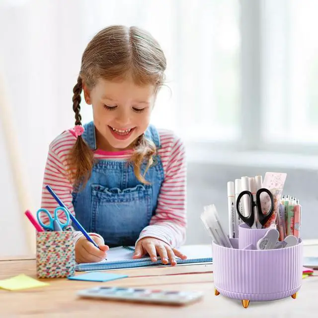 Alt view image 7 of 7 - Pencil Holder For Desk,5 Slots 360°Degree Rotating Desk Organizers And Accessories,Desktop Storage Stationery Supplies Organizer, Cute Pencil Cup Pot For Office, School, Home (I-Purple)