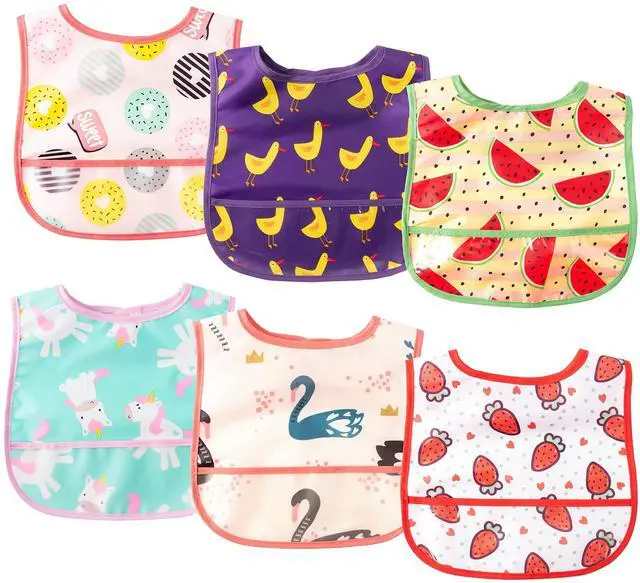 Main image of 6Pcs Baby Feeding Bibs with Crumb Catcher Pocket Adjustable Waterproof Sleeveless Teething Bib Set Toddler Infant Keepsake Gift for Baby Shower, 6-24 Months