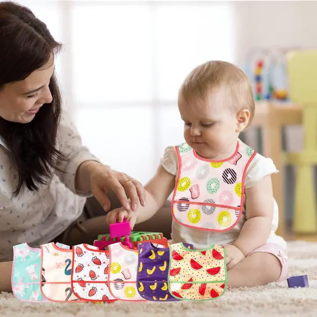 Alt view image 6 of 7 - 6Pcs Baby Feeding Bibs with Crumb Catcher Pocket Adjustable Waterproof Sleeveless Teething Bib Set Toddler Infant Keepsake Gift for Baby Shower, 6-24 Months