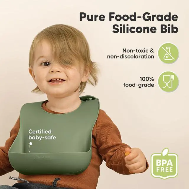 Alt view image 2 of 7 - 2-Pack Silicone Bibs for Babies, Toddlers Girl, Boy Sturdy Food-Grade Baby Bibs for Eating, Large Food Catcher, Clean & Put On Easily, Waterproof Toddler Feeding Essentials (Slate)