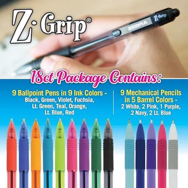 Alt view image 2 of 7 - Z-Grip Writing Set, Retractable Medium Point Ballpoint Pen and Mechanical Pencil, #2 HD Lead Pencils, Assorted Ink Colors, School Supplies, Ideal for Note-Taking, 18-Pack (23618)