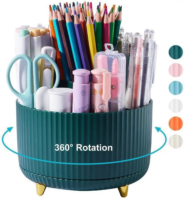 Main image of 360 Degree Rotatable Pen Holder, 5 Slots Office Desk Organizer, Pencil Holder for Desk Multi-Functional Pencil Cup Desktop Stationary Organizer Storage for Office School Home Dark Green