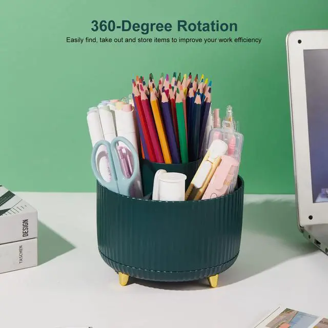 Alt view image 2 of 6 - 360 Degree Rotatable Pen Holder, 5 Slots Office Desk Organizer, Pencil Holder for Desk Multi-Functional Pencil Cup Desktop Stationary Organizer Storage for Office School Home Dark Green
