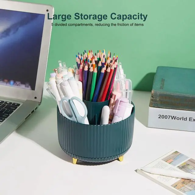 Alt view image 3 of 6 - 360 Degree Rotatable Pen Holder, 5 Slots Office Desk Organizer, Pencil Holder for Desk Multi-Functional Pencil Cup Desktop Stationary Organizer Storage for Office School Home Dark Green