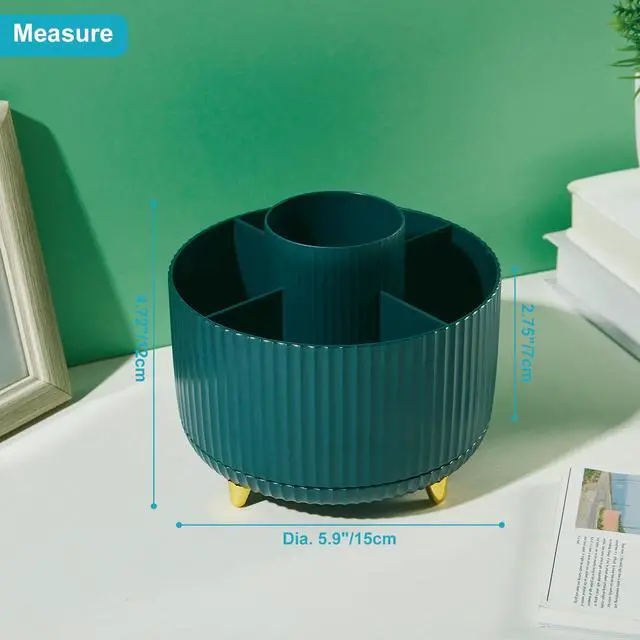 Alt view image 6 of 6 - 360 Degree Rotatable Pen Holder, 5 Slots Office Desk Organizer, Pencil Holder for Desk Multi-Functional Pencil Cup Desktop Stationary Organizer Storage for Office School Home Dark Green