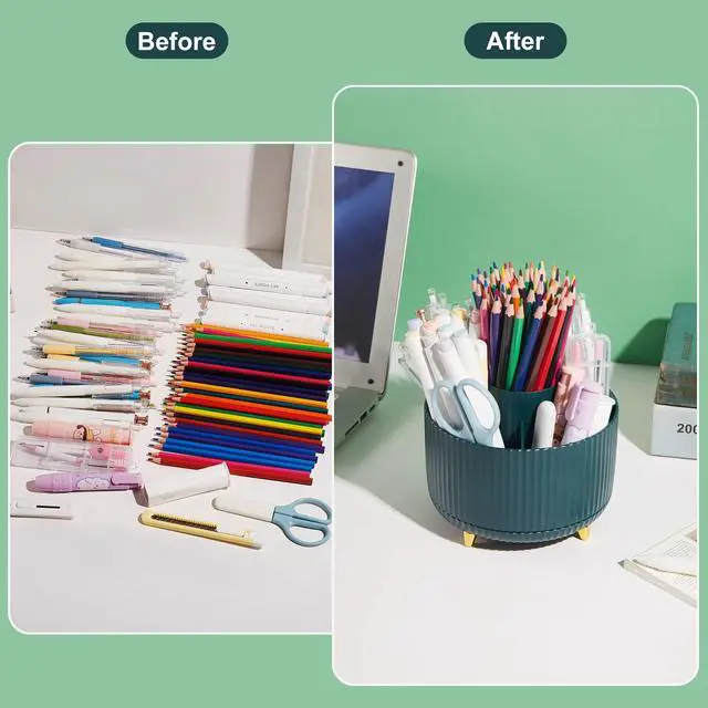 Alt view image 4 of 6 - 360 Degree Rotatable Pen Holder, 5 Slots Office Desk Organizer, Pencil Holder for Desk Multi-Functional Pencil Cup Desktop Stationary Organizer Storage for Office School Home Dark Green