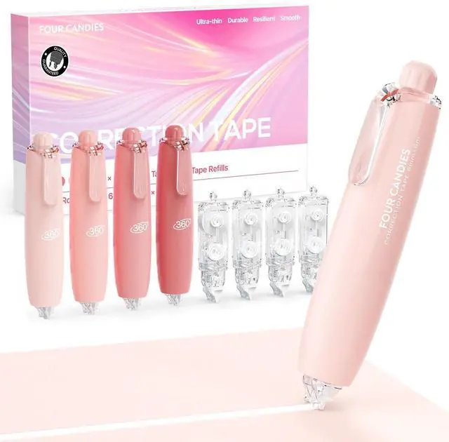 Main image of Refillable Retractable White Correction Tape, 4PCS Smooth White Pull-Out Tape with 4 Extra Refills, Easy to Use Applicator for Instant Corrections for Office, School Supplies (Pink)