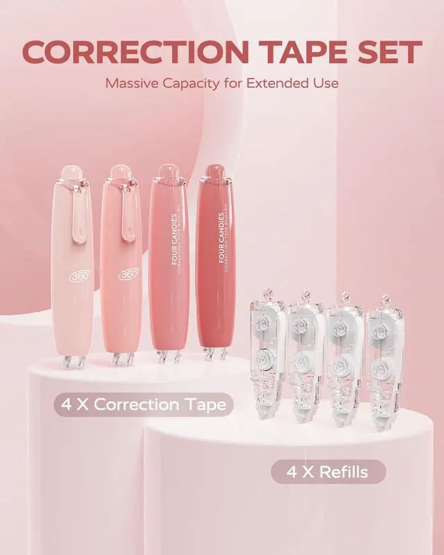 Alt view image 6 of 7 - Refillable Retractable White Correction Tape, 4PCS Smooth White Pull-Out Tape with 4 Extra Refills, Easy to Use Applicator for Instant Corrections for Office, School Supplies (Pink)