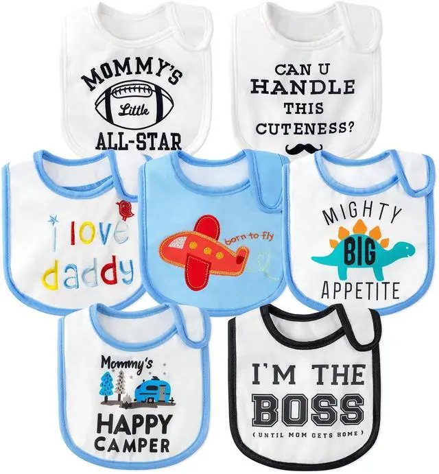 Main image of 7Pcs Cotton Waterproof Baby Bibs Adjustable Hook Loop Closure Infant Bib Unisex Blue Newborn Infant Food Bibs Keepsake Baby Gift for Drooling Feeding Eating Teething, 6-12 Months