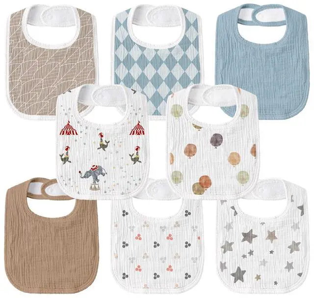 Main image of Baby Muslin Bibs 8 Pack, Drooling and Teething Bibs for Baby Boy, Absorbent, Soft Organic Cotton, Adjustable Bandana Bib for Newborn, Toddler, Infant 0-36 Months, Blue