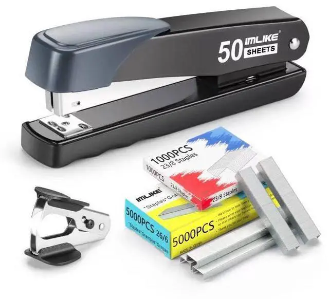 Main image of Heavy Duty Stapler, 50 Sheet Full Strip Stapler, Anti-Jam Non-Slip with 5000pcs 26/6 Staples and 1000pcs 23/8 Staples, Staple Remover, for Home, Office, and Classroom, Black