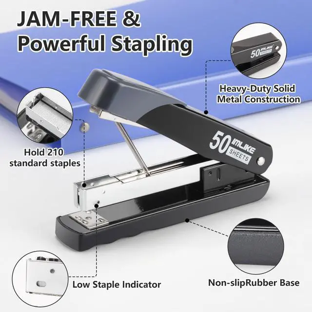 Alt view image 3 of 7 - Heavy Duty Stapler, 50 Sheet Full Strip Stapler, Anti-Jam Non-Slip with 5000pcs 26/6 Staples and 1000pcs 23/8 Staples, Staple Remover, for Home, Office, and Classroom, Black