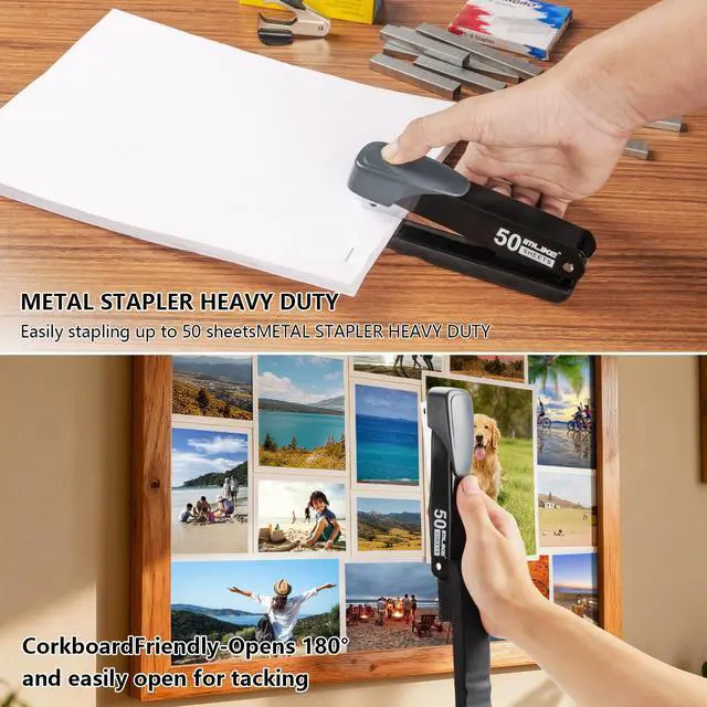 Alt view image 4 of 7 - Heavy Duty Stapler, 50 Sheet Full Strip Stapler, Anti-Jam Non-Slip with 5000pcs 26/6 Staples and 1000pcs 23/8 Staples, Staple Remover, for Home, Office, and Classroom, Black