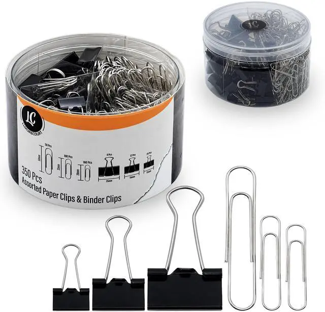 Main image of 350 Pack Paper Clips and Binder Clips Set - Binders & Paperclips Assorted Sizes in Container with Compartments, Silver Paper Clips & Black Binder clips for Home, School, Office Supplies