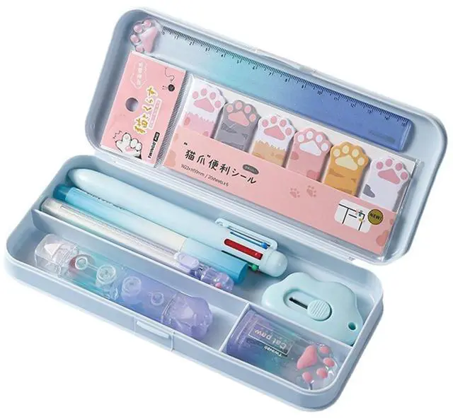 Main image of 9 Pcs Cute Blue Stationery Set Cat Paw School Supplies Kawaii Office Supplies Including Pens Highlighter Pencil Sharpener Eraser Correction Tape Ruler Sticky Flag Tabs (Gradient Blue)