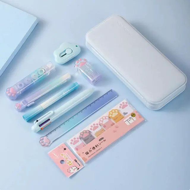 Alt view image 2 of 7 - 9 Pcs Cute Blue Stationery Set Cat Paw School Supplies Kawaii Office Supplies Including Pens Highlighter Pencil Sharpener Eraser Correction Tape Ruler Sticky Flag Tabs (Gradient Blue)