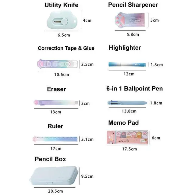 Alt view image 3 of 7 - 9 Pcs Cute Blue Stationery Set Cat Paw School Supplies Kawaii Office Supplies Including Pens Highlighter Pencil Sharpener Eraser Correction Tape Ruler Sticky Flag Tabs (Gradient Blue)