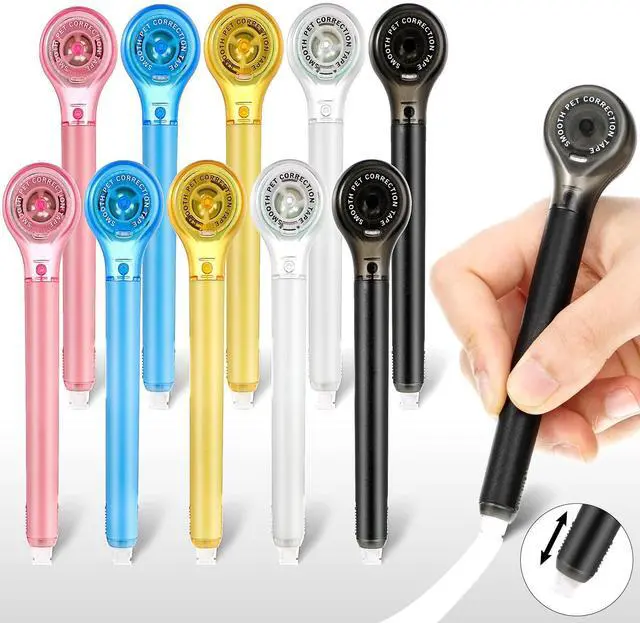Main image of 10 Pack Correction Tape Pen Correctional Ink Tape Push Pull Protective, Easy to Use Applicator for School Office Supplies, 0.2 x 236 Inch (Bright Color)
