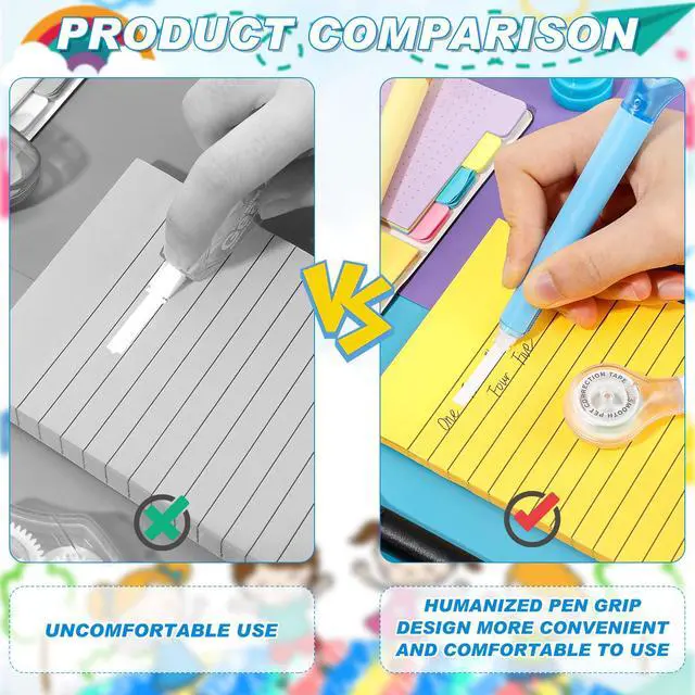 Alt view image 6 of 7 - 10 Pack Correction Tape Pen Correctional Ink Tape Push Pull Protective, Easy to Use Applicator for School Office Supplies, 0.2 x 236 Inch (Bright Color)