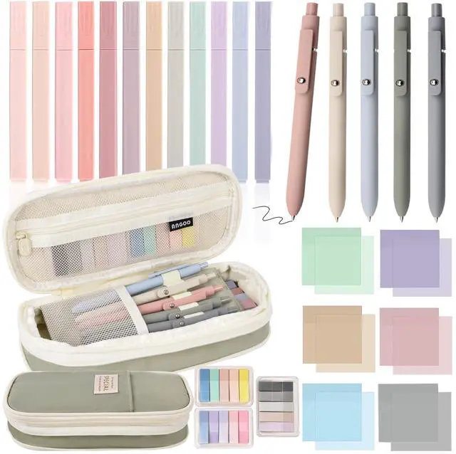 Main image of 27 Pcs Aesthetic School Supplies Include 12 Pcs Aesthetic Highlighters Bible 1 Ppcs Big apacity Pen Case Bag 5 Pcs Retractable Quick Dry Gel Ink Pens 9 Pads Clear Sticky Tabs for School Office Home