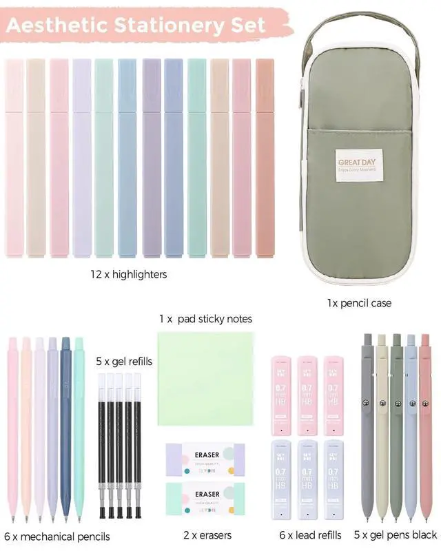 Alt view image 6 of 7 - Aesthetic School Supplies Kit, 38 PCS Stationery Set with Large Pencil Case, Pens, Mechanical Pencil Set, Highlighters, Sticky Notes & Refills for Students, College & Back to School
