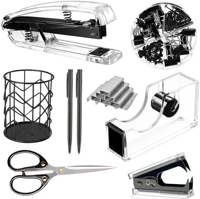 Main image of Office Desk AccessoriesOffice Supplies Set Acrylic Stapler Set Staple Remover, Tape Holder, Pen Holder, 2 Ballpoint Pen, Scissor, Binder Clips, Paper Clips and 1000pcs Staples(Black)
