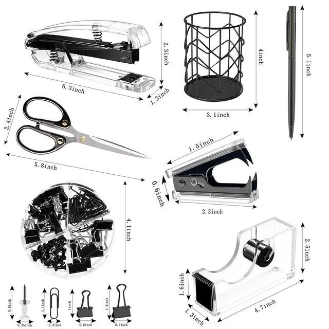 Alt view image 2 of 7 - Office Desk AccessoriesOffice Supplies Set Acrylic Stapler Set Staple Remover, Tape Holder, Pen Holder, 2 Ballpoint Pen, Scissor, Binder Clips, Paper Clips and 1000pcs Staples(Black)