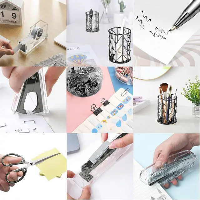 Alt view image 5 of 7 - Office Desk AccessoriesOffice Supplies Set Acrylic Stapler Set Staple Remover, Tape Holder, Pen Holder, 2 Ballpoint Pen, Scissor, Binder Clips, Paper Clips and 1000pcs Staples(Black)