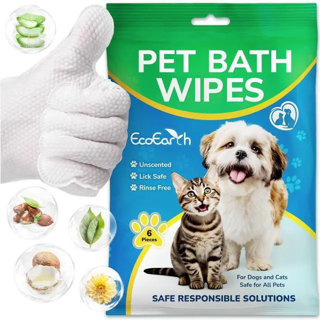 Main image of Premium Pet Wipes for Dogs & Cats - 6 Pcs - Disposable Washing Gloves for Bath & Grooming - Clean & Dry Paws, Fur, Face, Ears, Butt & Body - Hypoallergenic, Lick-Safe & Waterless Cleaning Gloves