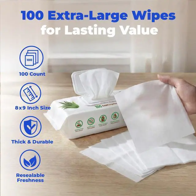 Alt view image 6 of 7 - 8" x 9" Large Unscented Dog Wipes - Cleaning and Deodorizing for Paws and Coat - Gentle Formula with Aloe Vera Vitamin E for Puppies and Cats - 100 Count