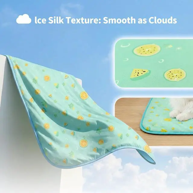 Alt view image 4 of 7 - Pet Cooling Mat -Q-Max>0.345 Ice Silk Cooling Mat for Dogs & Cats Portable & Washable Pet Cooling Blanket, Car Seats, Beds for Summer (Green Fruit, 20'' X 16'' X 0.3'')