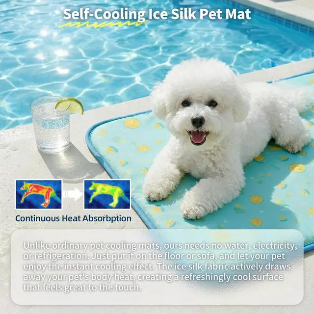 Alt view image 6 of 7 - Pet Cooling Mat -Q-Max>0.345 Ice Silk Cooling Mat for Dogs & Cats Portable & Washable Pet Cooling Blanket, Car Seats, Beds for Summer (Green Fruit, 20'' X 16'' X 0.3'')