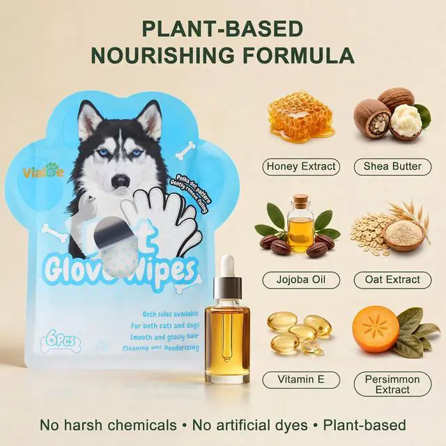 Alt view image 2 of 7 - 4-in-1 Pet Grooming Glove Wipes Deshedding, Cleaning, Massage & Coat Care Removes Loose Fur, Dirt & Odor Honey, Shea Butter & Oat 5X Moisture Waterless Dog & Cat Bath
