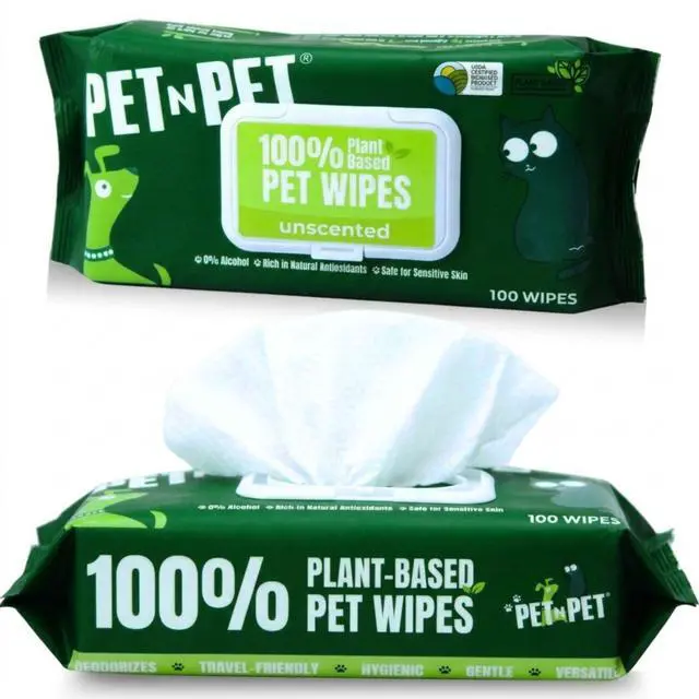 Main image of 100% Plant Based Dog Wipes for Paws and Butt, 100 Counts Hypoallergenic Unscented Dog Pet Wipes, 8" x 8"