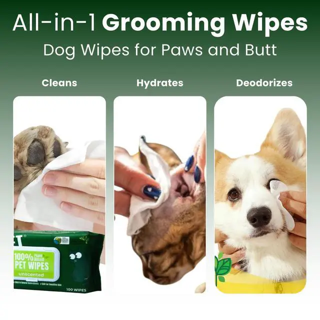 Alt view image 4 of 7 - 100% Plant Based Dog Wipes for Paws and Butt, 100 Counts Hypoallergenic Unscented Dog Pet Wipes, 8" x 8"