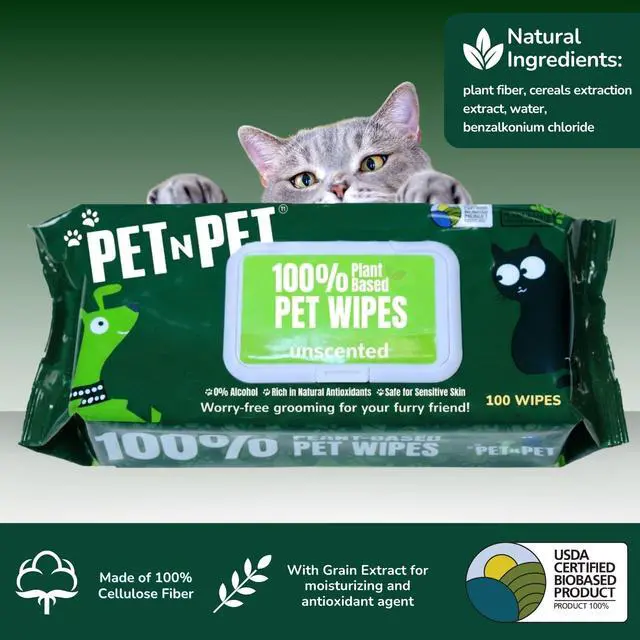 Alt view image 6 of 7 - 100% Plant Based Dog Wipes for Paws and Butt, 100 Counts Hypoallergenic Unscented Dog Pet Wipes, 8" x 8"