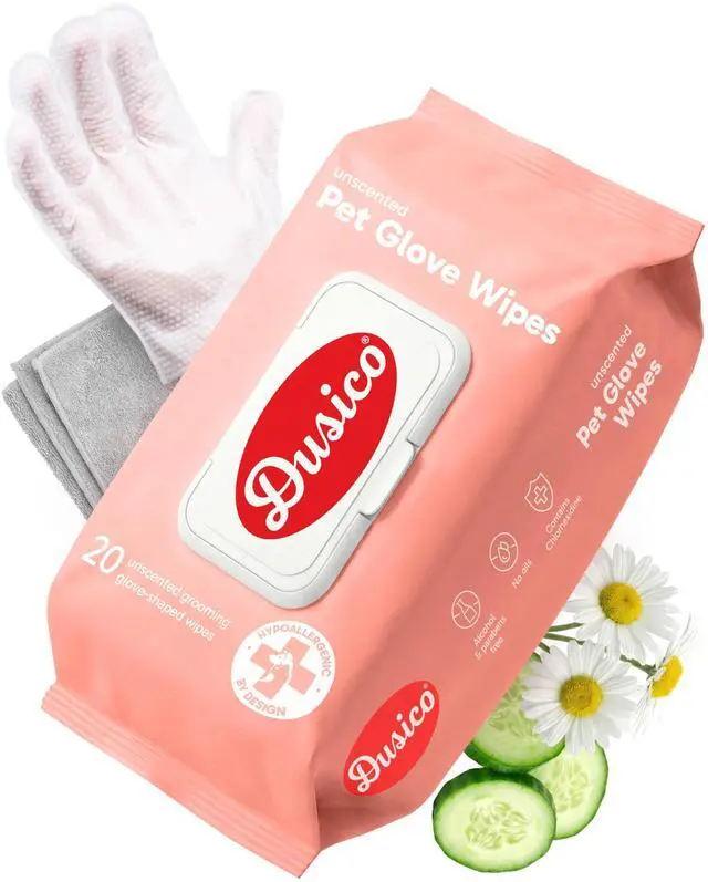 Main image of Pet Glove Wipes with Microfiber Towel (20 Pack) Unscented Chlorhexidine Dog Wipes Oil-Free & Aloe-Free Hypoallergenic Cat Grooming Gloves. Deodorizing Formula with Cucumber & Chamomile