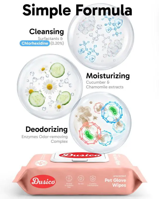 Alt view image 2 of 7 - Pet Glove Wipes with Microfiber Towel (20 Pack) Unscented Chlorhexidine Dog Wipes Oil-Free & Aloe-Free Hypoallergenic Cat Grooming Gloves. Deodorizing Formula with Cucumber & Chamomile