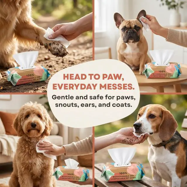 Alt view image 2 of 7 - Hypoallergenic Plant-Based Pet Wipes, Dog and Cat Grooming Wipes for Face, Ears, Body, Butt, and Paws, Fragrance Free, Compostable, 100 Count