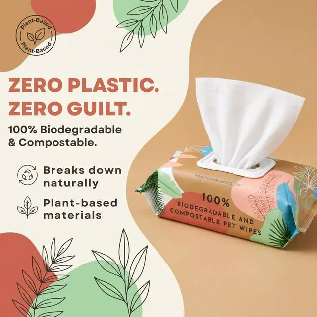 Alt view image 3 of 7 - Hypoallergenic Plant-Based Pet Wipes, Dog and Cat Grooming Wipes for Face, Ears, Body, Butt, and Paws, Fragrance Free, Compostable, 100 Count